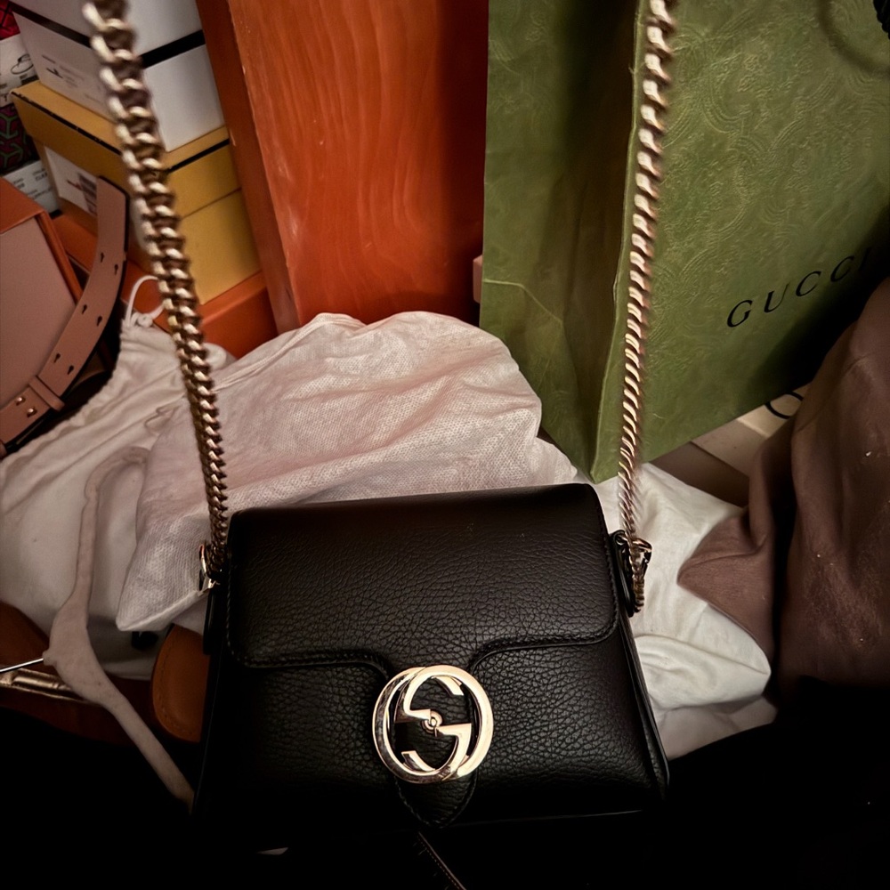Gucci Black Leather Crossbody Bag with Gold Chain